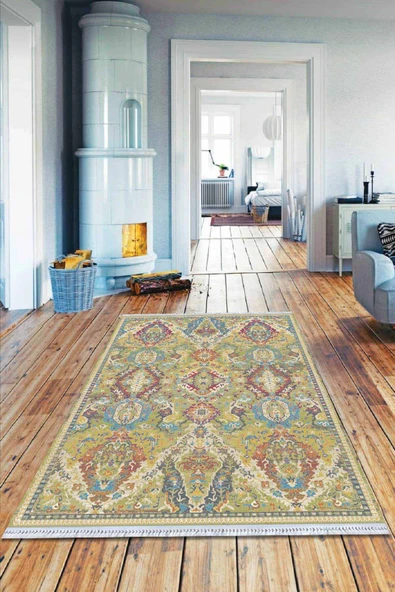 Yeşil Vintage Dokuma Pamuk Tabanlı Kaymaz Kilim KLM212 ürün görseli 1