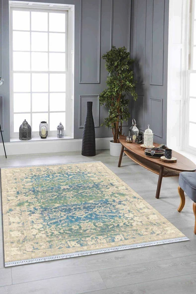 Mavi Vintage Dokuma Pamuk Tabanlı Kaymaz Kilim KLM238 ürün görseli 1