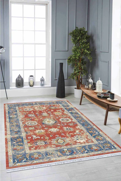 Kiremit Çerçeveli Dokuma Pamuk Taban Kaymaz Kilim KLM192 ürün görseli 1