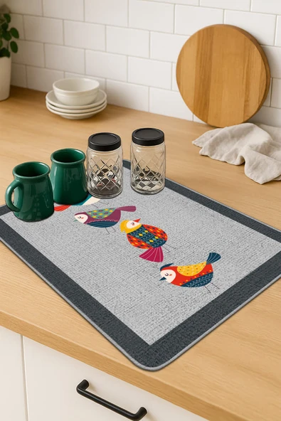 Gri Papağanlı Microfiber Bulaşık Kurutma Kurulama Matı MM022 ürün görseli 1