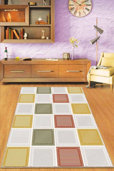 Sarı Yeşil Geometrik Kaymaz Taban Dekoratif Halı DM007 ürün görseli 1