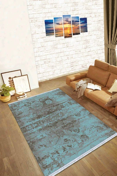 Mavi Modern Dokuma Pamuk Tabanlı Kaymaz Kilim KLM012 ürün görseli 1