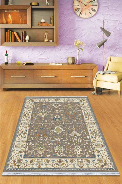 Haki Çerçeveli Dokuma Pamuk Taban Kaymaz Kilim KLM023 ürün görseli 1