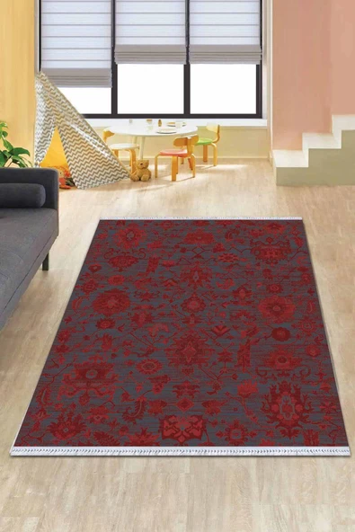 Bordo Yöresel Dokuma Pamuk Tabanlı Kaymaz Kilim KLM372 ürün görseli 1