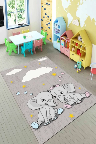 Gri Kaymaz Tabanlı Filli Bebek Halıları Çocuk Halısı KD120 ürün görseli 1