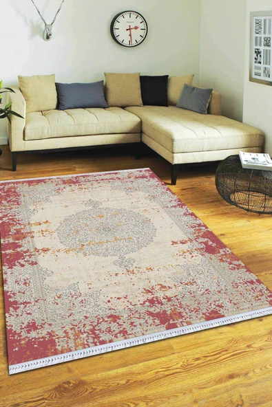 Pembe Klasik Göbekli Dokuma Pamuk Taban Kaymaz Kilim KLM057 ürün görseli 1