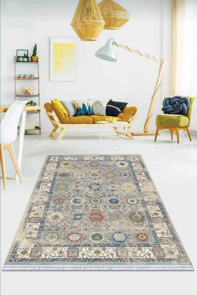 Mavi Çerçeveli Dokuma Pamuk Taban Kaymaz Kilim KLM161 ürün görseli 1