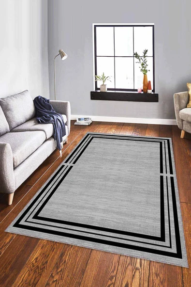 Gri Çerçeveli Kaymaz Tabanlı Makinede Yıkanabilir Halı RV081 ürün görseli 1