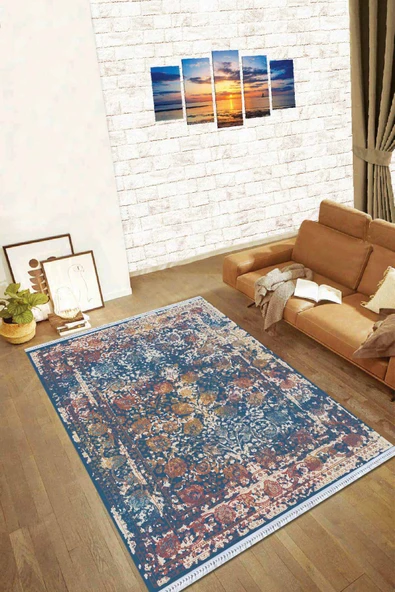 Lacivert Modern Dokuma Pamuk Taban Kaymaz Kilim KLM005 ürün görseli 1