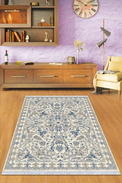 Mavi Çerçeveli Dokuma Pamuk Taban Kaymaz Kilim KLM339 ürün görseli 1
