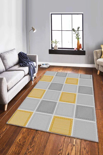 Sarı Geometrik Kaymaz Taban Makinede Yıkanabilir Halı DM001 ürün görseli 1
