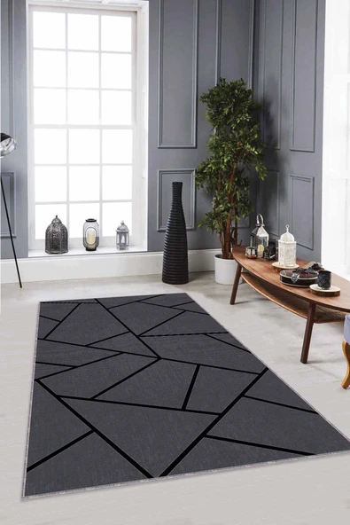 Gri Geometrik Kaymaz Tabanlı Makinede Yıkanabilir Halı RV163 ürün görseli 1