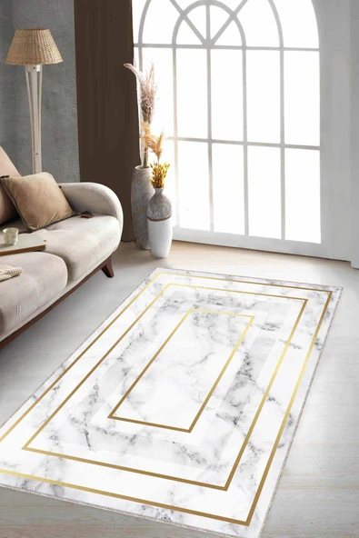Krem Gold Çerçeveli Kaymaz Tabanlı Dekoratif Halı RV006 ürün görseli 1