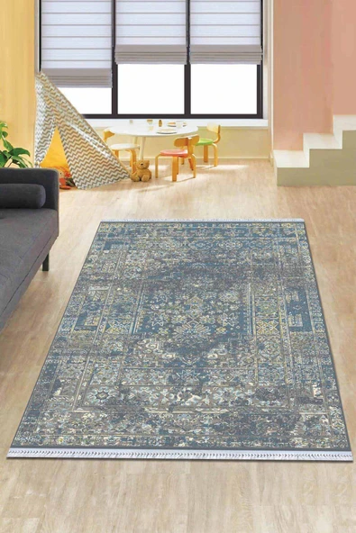 Mavi Modern Dokuma Pamuk Tabanlı Kaymaz Kilim KLM099 ürün görseli 1