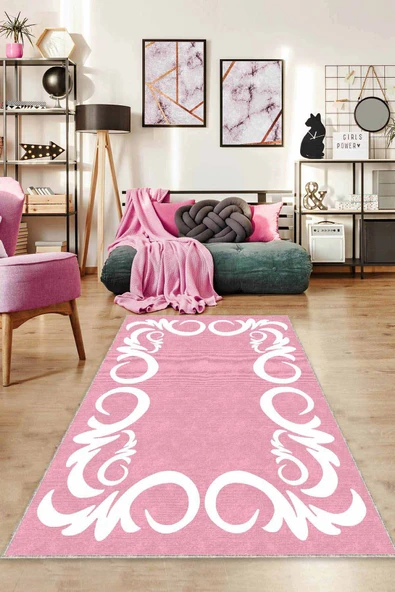 Pembe Çerçeveli Kaymaz Taban Makinede Yıkanabilir Halı AR516 ürün görseli 1