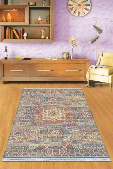 Çok Renkli Vintage Dokuma Pamuk Taban Kaymaz Kilim KLM252 ürün görseli 1