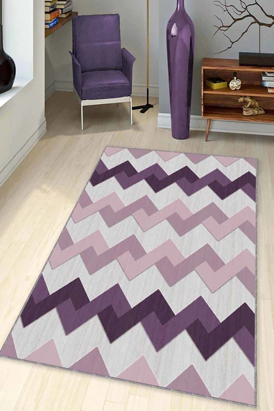 Mor Zigzag Kaymaz Tabanlı Makinede Yıkanabilir Halı KN005 ürün görseli 1