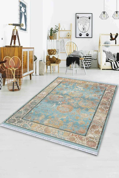 Mavi Çerçeveli Dokuma Pamuk Taban Kaymaz Kilim KLM095 ürün görseli 1