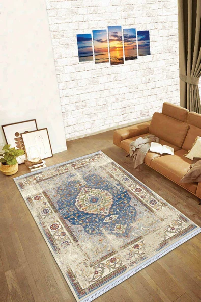 Mavi Klasik Göbekli Dokuma Pamuk Taban Kaymaz Kilim KLM134 ürün görseli 1