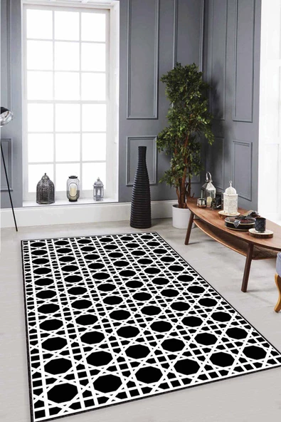 Siyah Petek Kaymaz Tabanlı Makinede Yıkanabilir Halı LB005 ürün görseli 1