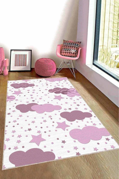 Pembe Kaymaz Tabanlı Yıkanabilir Bulutlu Bebek Halısı KD026 ürün görseli 1