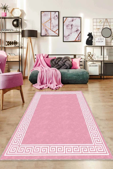 Pembe Çerçeveli Kaymaz Taban Makinede Yıkanabilir Halı AR518 ürün görseli 1