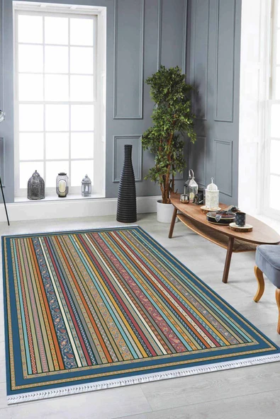 Çok Renkli Yöresel Dokuma Pamuk Taban Kaymaz Kilim KLM138 ürün görseli 1