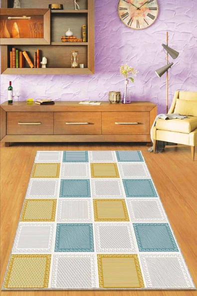 Sarı Turkuaz Geometrik Kaymaz Tabanlı Dekoratif Halı DM006 ürün görseli 1