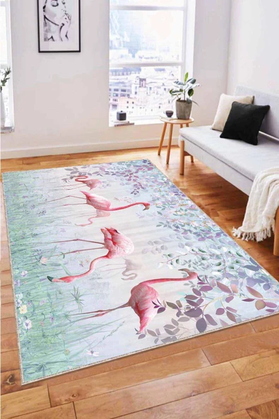Turkuaz Flamingo Desen Kaymaz Tabanlı Dekoratif Halı RV326 ürün görseli 1