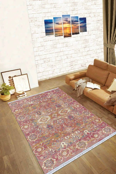 Pembe Vintage Dokuma Pamuk Tabanlı Kaymaz Kilim KLM183 ürün görseli 1