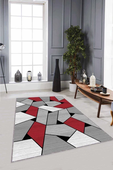 Kırmızı Geometrik Kaymaz Tabanlı Dekoratif Halı WL06 ürün görseli 1