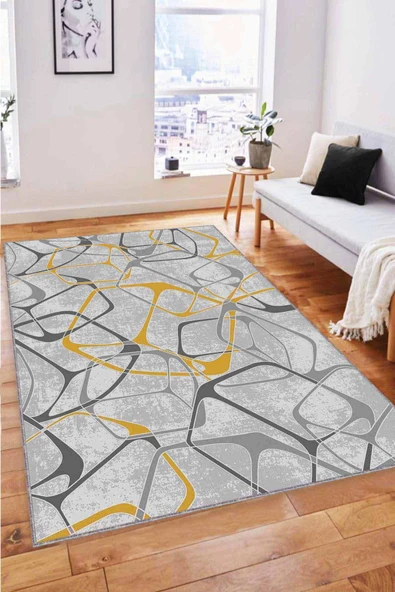 Sarı Geometrik Kaymaz Taban Makinede Yıkanabilir Halı LK002 ürün görseli 1