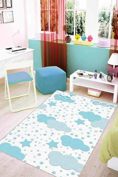 Mavi Kaymaz Tabanlı Yıkanabilir Bulutlu Bebek Halısı KD027 ürün görseli 1