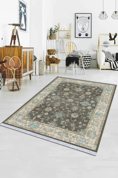 Mavi Çerçeveli Dokuma Pamuk Taban Kaymaz Kilim KLM030 ürün görseli 1