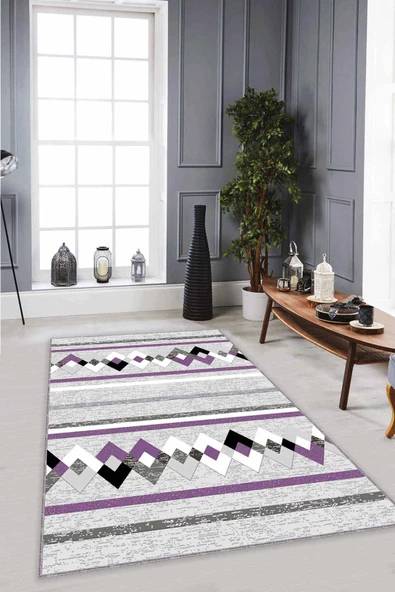 Mor Zigzag Kaymaz Tabanlı Makinede Yıkanabilir Halı RT07 ürün görseli 1