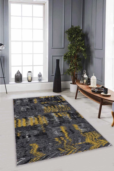Füme Sarı Modern Kaymaz Taban Makinede Yıkanabilir Halı MX09 ürün görseli 1