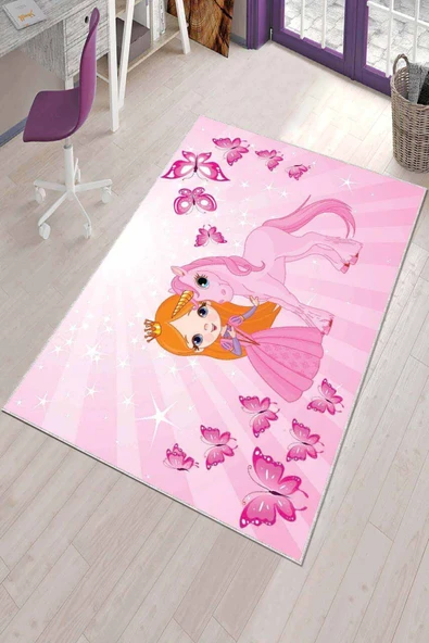 Pembe Kaymaz Tabanlı Unicorn Prensesli Çocuk Halısı KD076 ürün görseli 1