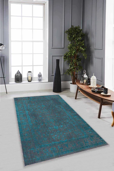 Turkuaz Vintage Kaymaz Taban Makinede Yıkanabilir Halı KR023 ürün görseli 1