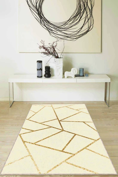 Krem Gold Geometrik Kaymaz Tabanlı Dekoratif Halı RV162 ürün görseli 1