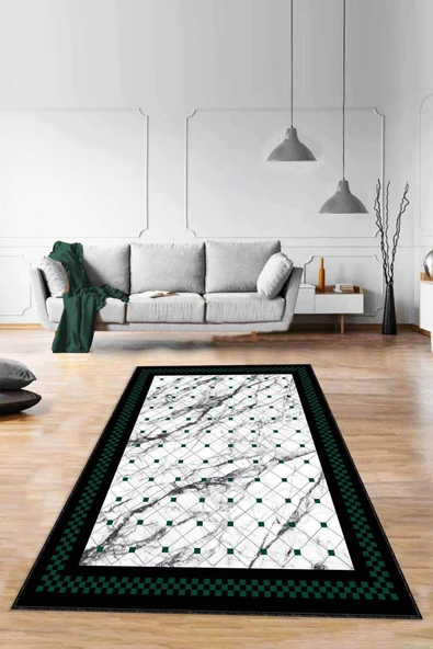 Yeşil Geometrik Kaymaz Taban Makinede Yıkanabilir Halı RV148 ürün görseli 1