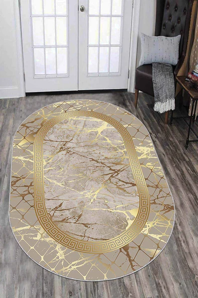 Bej Gold Çerçeveli Kaymaz Tabanlı Oval Antre Halısı AR753 ürün görseli 1