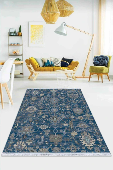 Mavi Vintage Dokuma Pamuk Tabanlı Kaymaz Kilim KLM371 ürün görseli 1