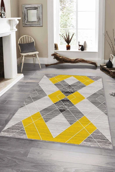 Sarı Geometrik Kaymaz Taban Makinede Yıkanabilir Halı DD002 ürün görseli 1