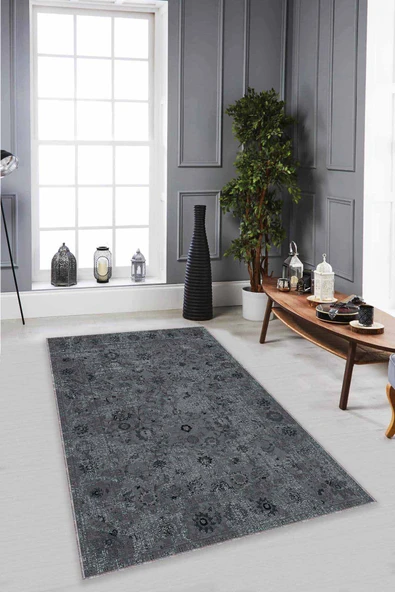 Gri Vintage Kaymaz Tabanlı Makinede Yıkanabilir Halı KR032 ürün görseli 1