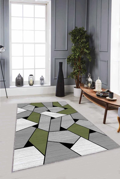 Yeşil Geometrik Kaymaz Taban Makinede Yıkanabilir Halı WL05 ürün görseli 1