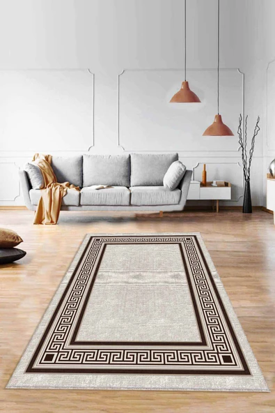 Bej Çerçeveli Kaymaz Tabanlı Makinede Yıkanabilir Halı RV032 ürün görseli 1