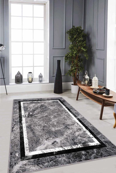 Gri Çerçeveli Kaymaz Tabanlı Makinede Yıkanabilir Halı RV105 ürün görseli 1