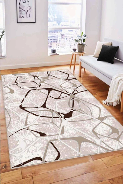 Bej Geometrik Kaymaz Tabanlı Makinede Yıkanabilir Halı LK006 ürün görseli 1