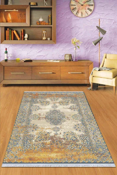 Tarçın Klasik Göbekli Dokuma Pamuk Taban Kaymaz Kilim KLM297 ürün görseli 1