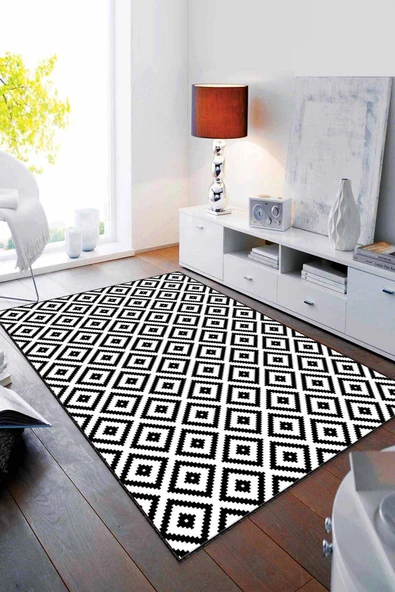 Siyah Beyaz Karo Desen Kaymaz Tabanlı Dekoratif Halı RV182 ürün görseli 1